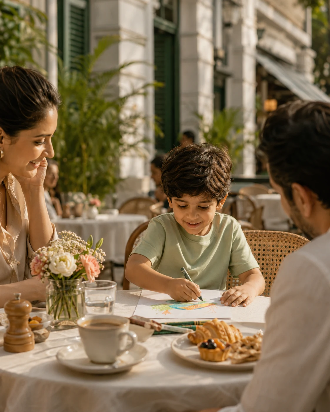 A child drawing at a café table with family nearby