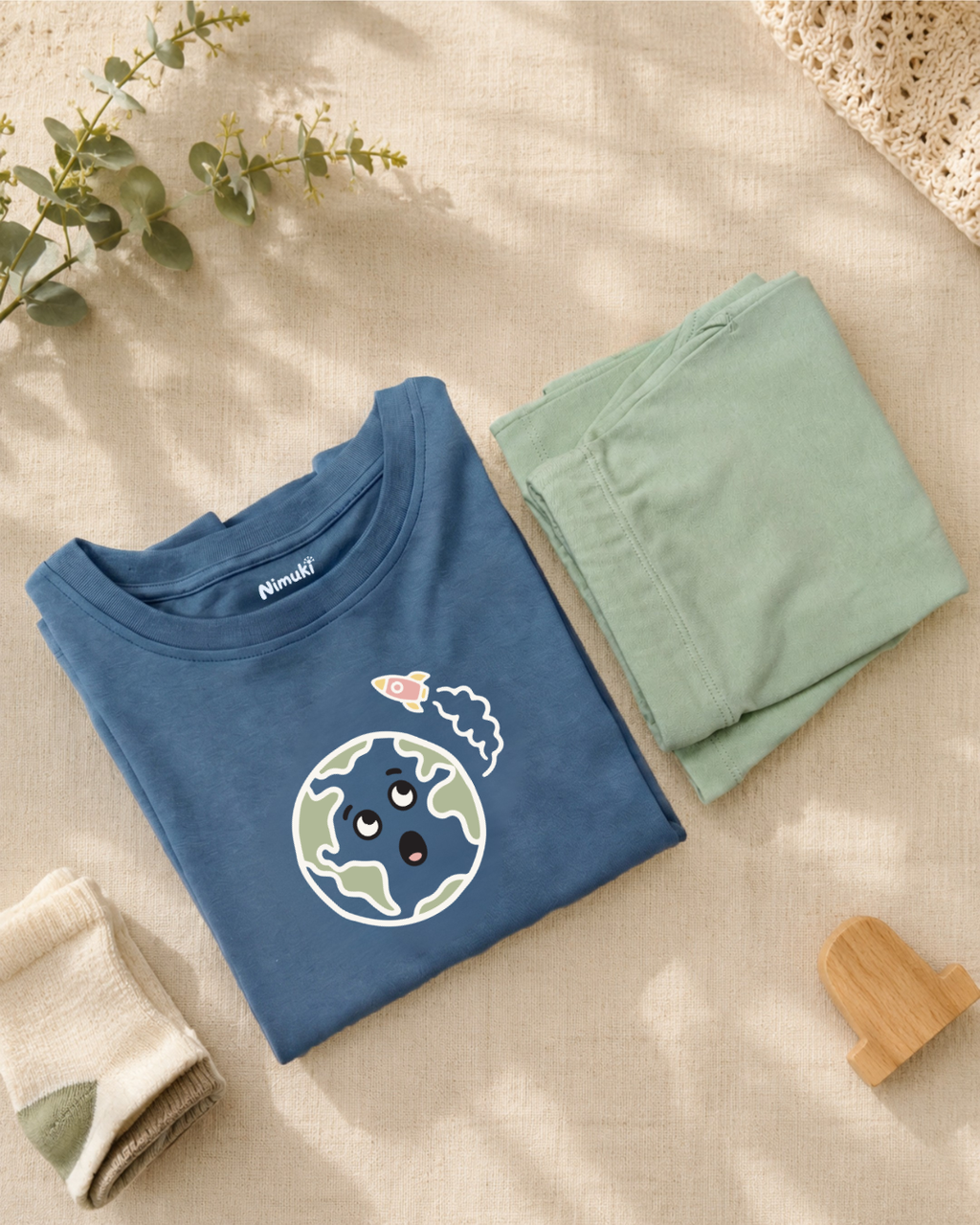 Teal Blue Planet Explorer Kids Coord Set with Sage Green Shorts