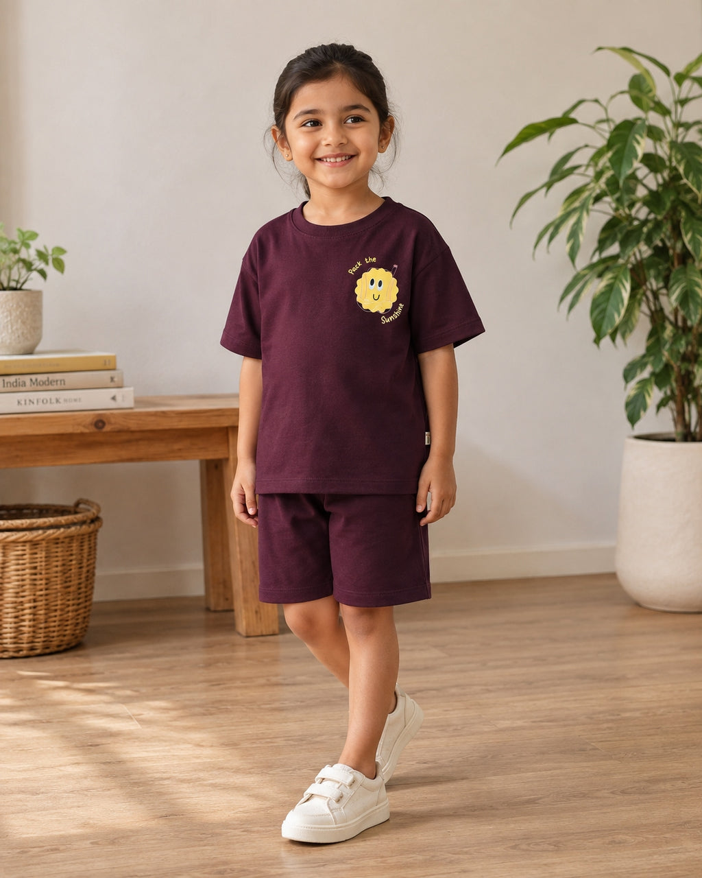 Coffee Brown Pocket Sunshine kids coord set, full outfit front view