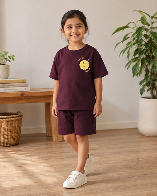 Coffee Brown Pocket Sunshine kids coord set, full outfit front view