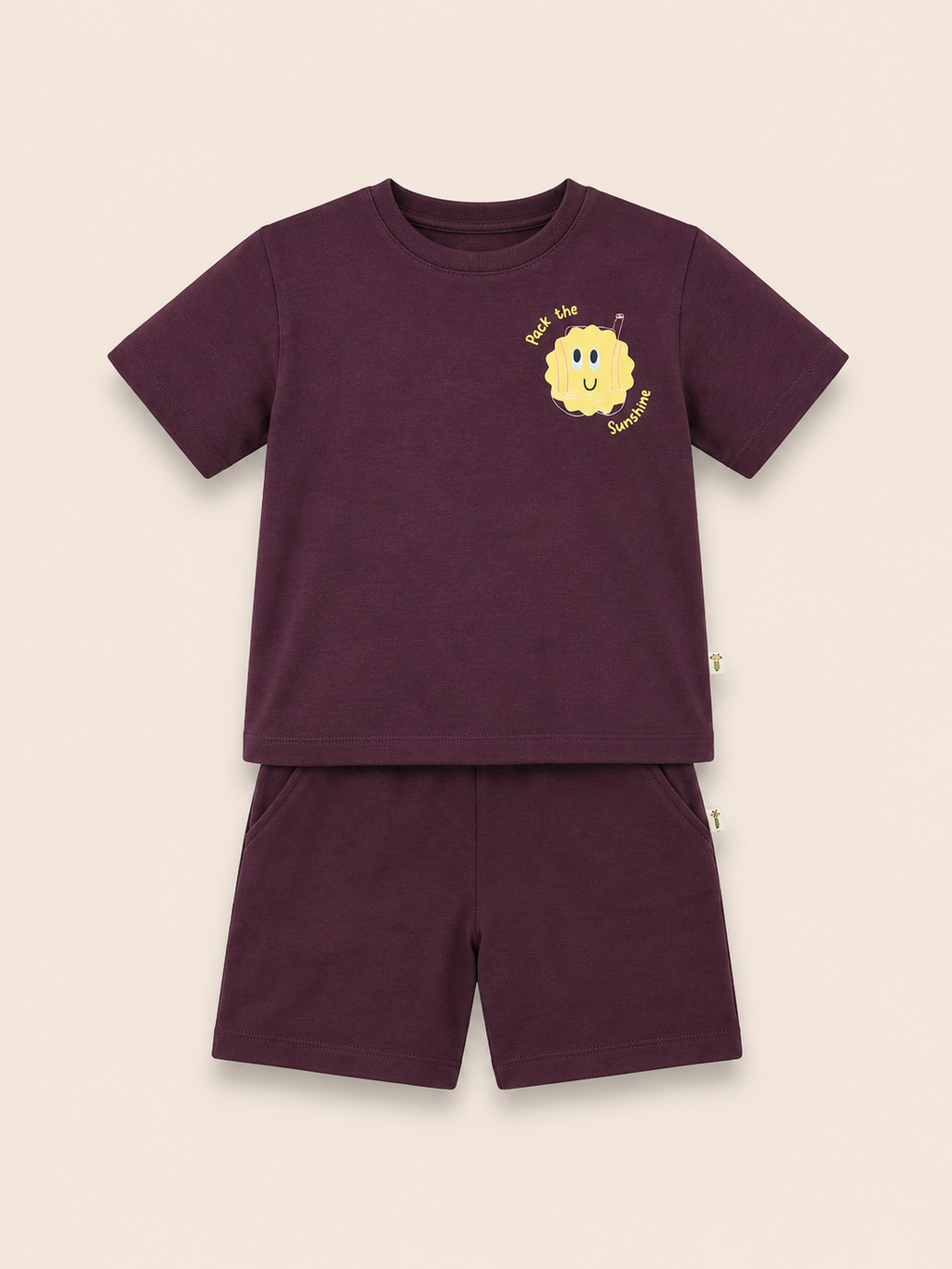 Coffee Brown Pocket Sunshine kids coord set, laid flat front view