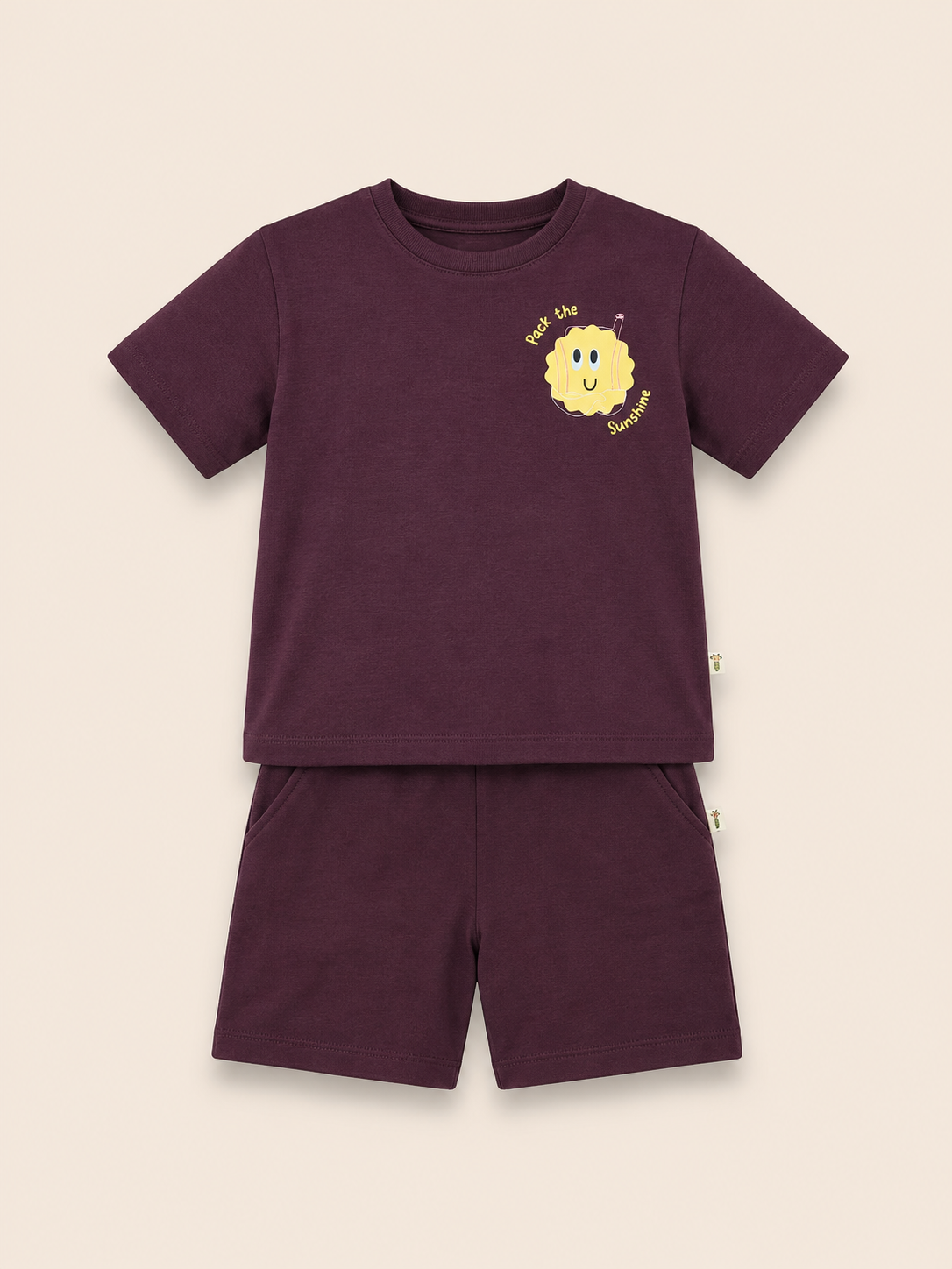 Coffee Brown Pocket Sunshine kids coord set, laid flat front view