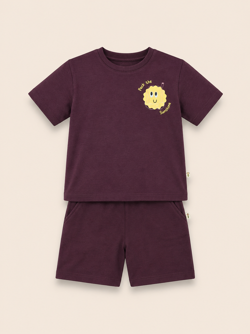 Coffee Brown Pocket Sunshine kids coord set, laid flat front view