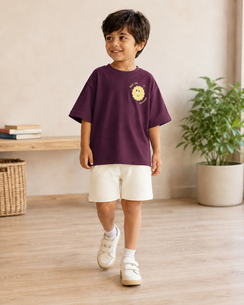 Coffee Brown Pocket Sunshine kids coord set with cream shorts, full outfit front view