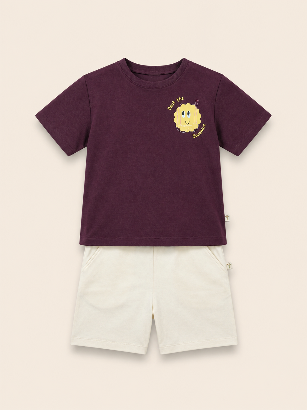 Coffee Brown Pocket Sunshine kids coord set with cream shorts, laid flat front view