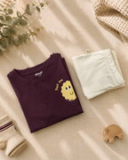 Coffee Brown Pocket Sunshine kids coord set with cream shorts, folded flat lay showing fabric detail
