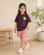 Coffee Brown Pocket Sunshine kids coord set with peach shorts, full outfit front view