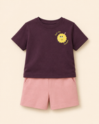 Coffee Brown Pocket Sunshine kids coord set with peach shorts, laid flat front view