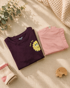 Coffee Brown Pocket Sunshine kids coord set with peach shorts, folded flat lay showing fabric detail