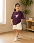 Coffee Brown Stargazer Telescope kids coord set with cream shorts, full outfit front view