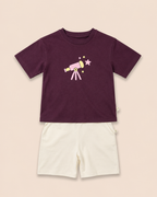 Coffee Brown Stargazer Telescope kids coord set with cream shorts, laid flat front view