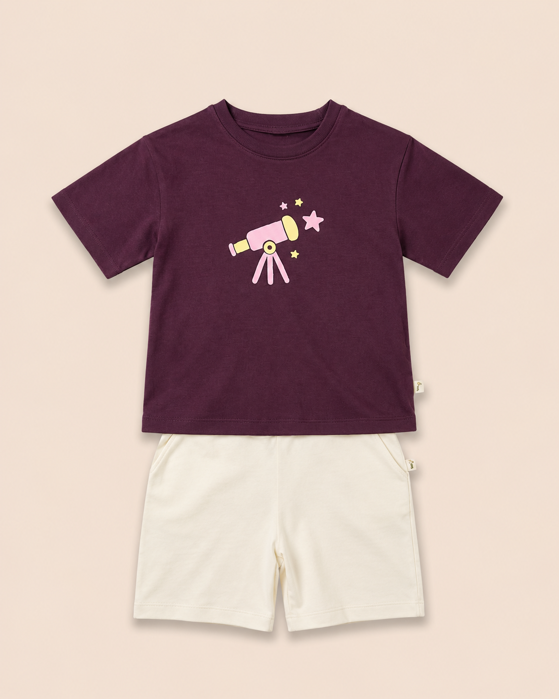 Coffee Brown Stargazer Telescope kids coord set with cream shorts, laid flat front view