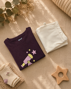 Coffee Brown Stargazer Telescope kids coord set with cream shorts, folded flat lay showing fabric detail