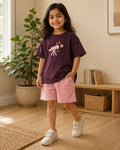 Coffee Brown Stargazer Telescope kids coord set with peach shorts, full outfit front view