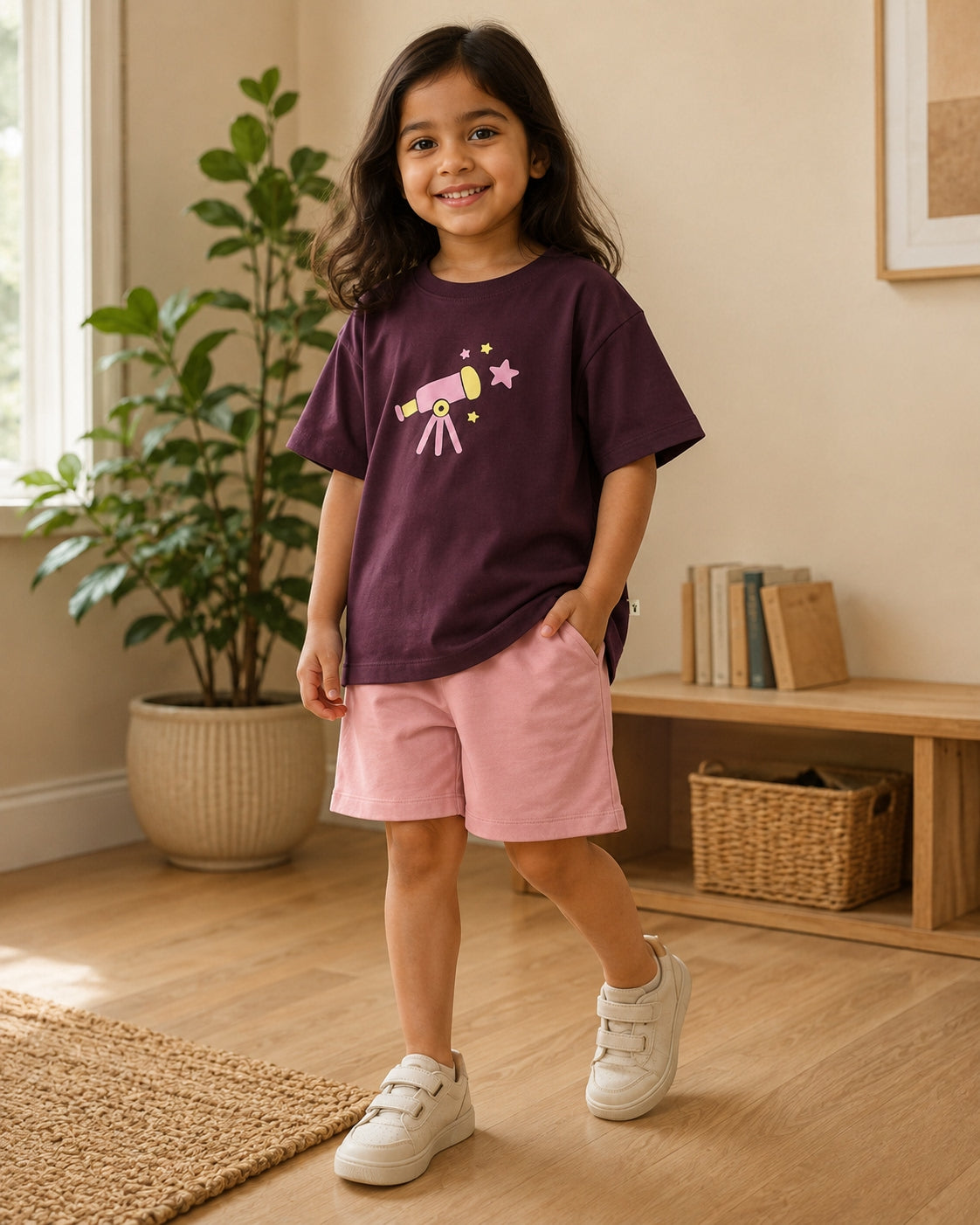 Coffee Brown Stargazer Telescope kids coord set with peach shorts, full outfit front view