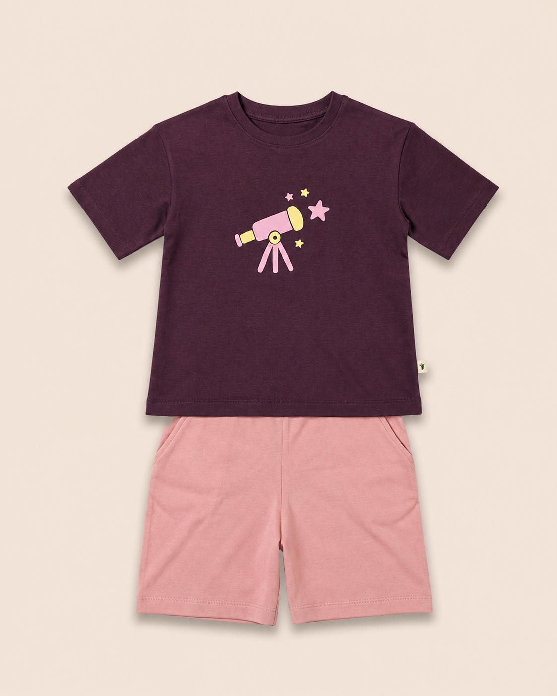 Coffee Brown Stargazer Telescope kids coord set with peach shorts, laid flat front view