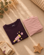 Coffee Brown Stargazer Telescope kids coord set with peach shorts, folded flat lay showing fabric detail