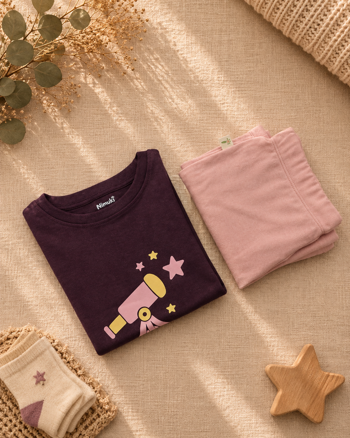 Coffee Brown Stargazer Telescope kids coord set with peach shorts, folded flat lay showing fabric detail
