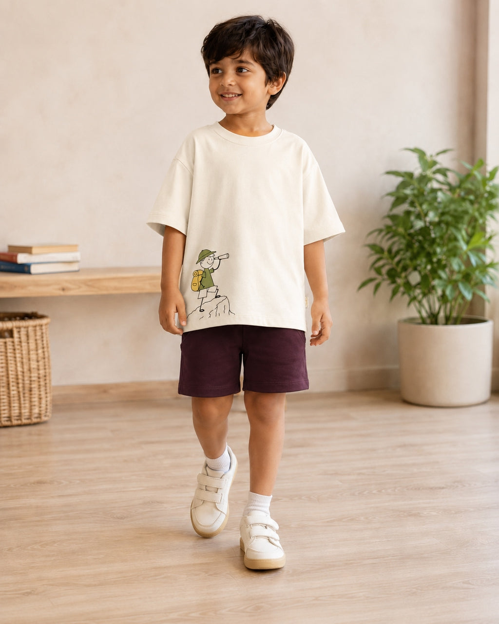 Cream Little Explorer kids coord set with coffee brown shorts, full outfit front view