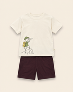 Cream Little Explorer kids coord set with coffee brown shorts, laid flat front view
