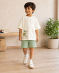Cream Little Explorer kids coord set with sage green shorts, full outfit front view
