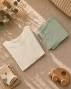 Cream Little Explorer kids coord set with sage green shorts, folded flat lay showing fabric detail