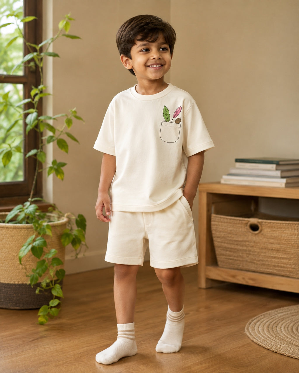 Cream Pocket Discovery kids coord set with cream shorts, full outfit front view