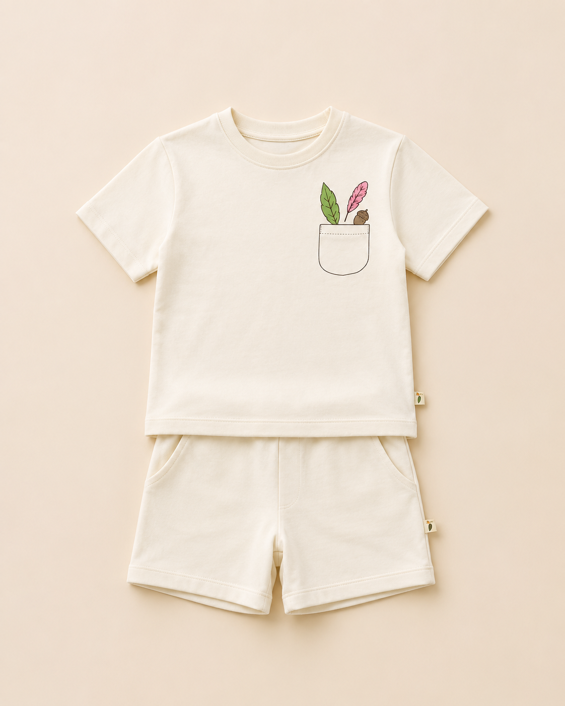 Cream Pocket Discovery kids coord set with cream shorts, laid flat front view