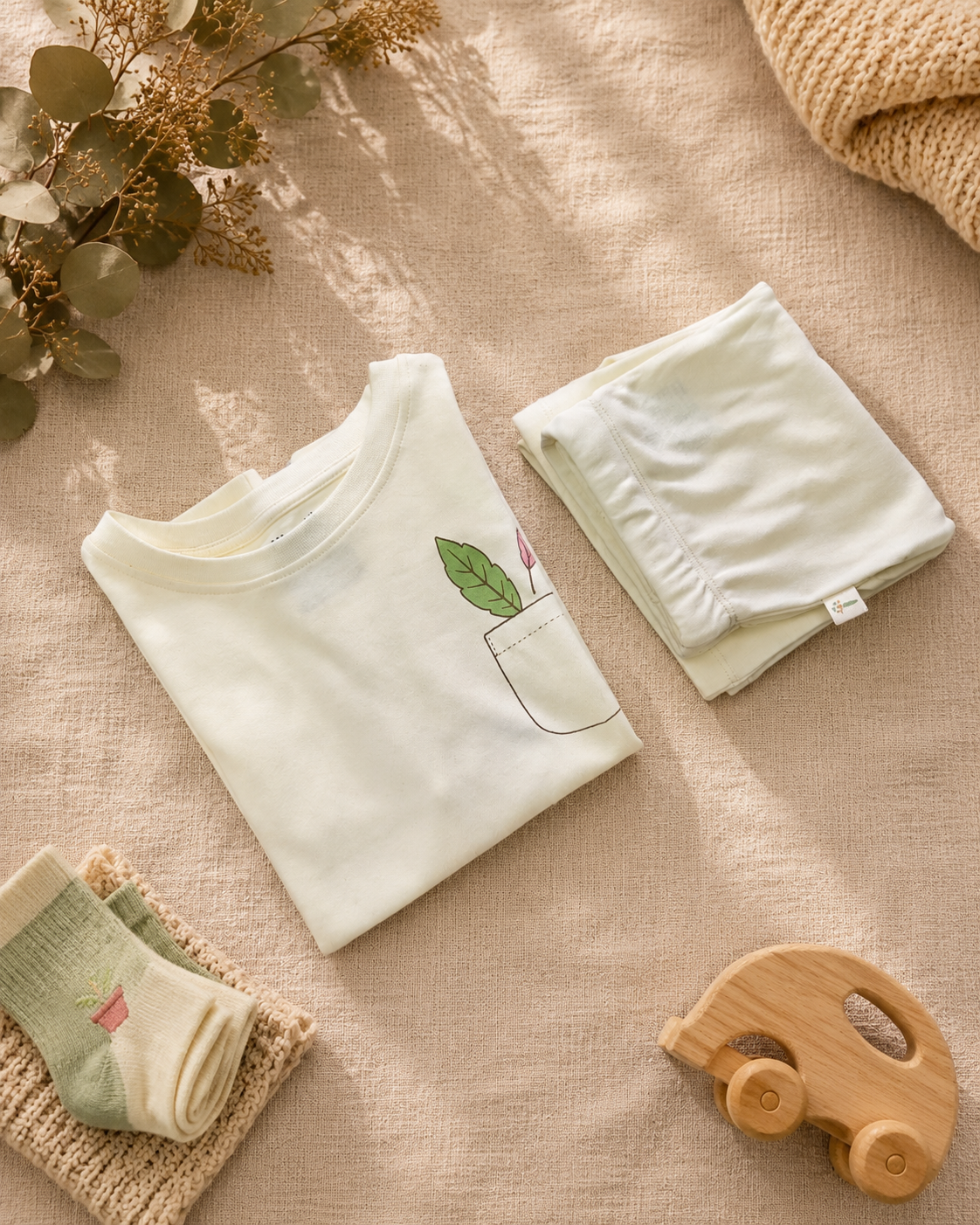 Cream Pocket Discovery kids coord set with cream shorts, folded flat lay showing fabric detail