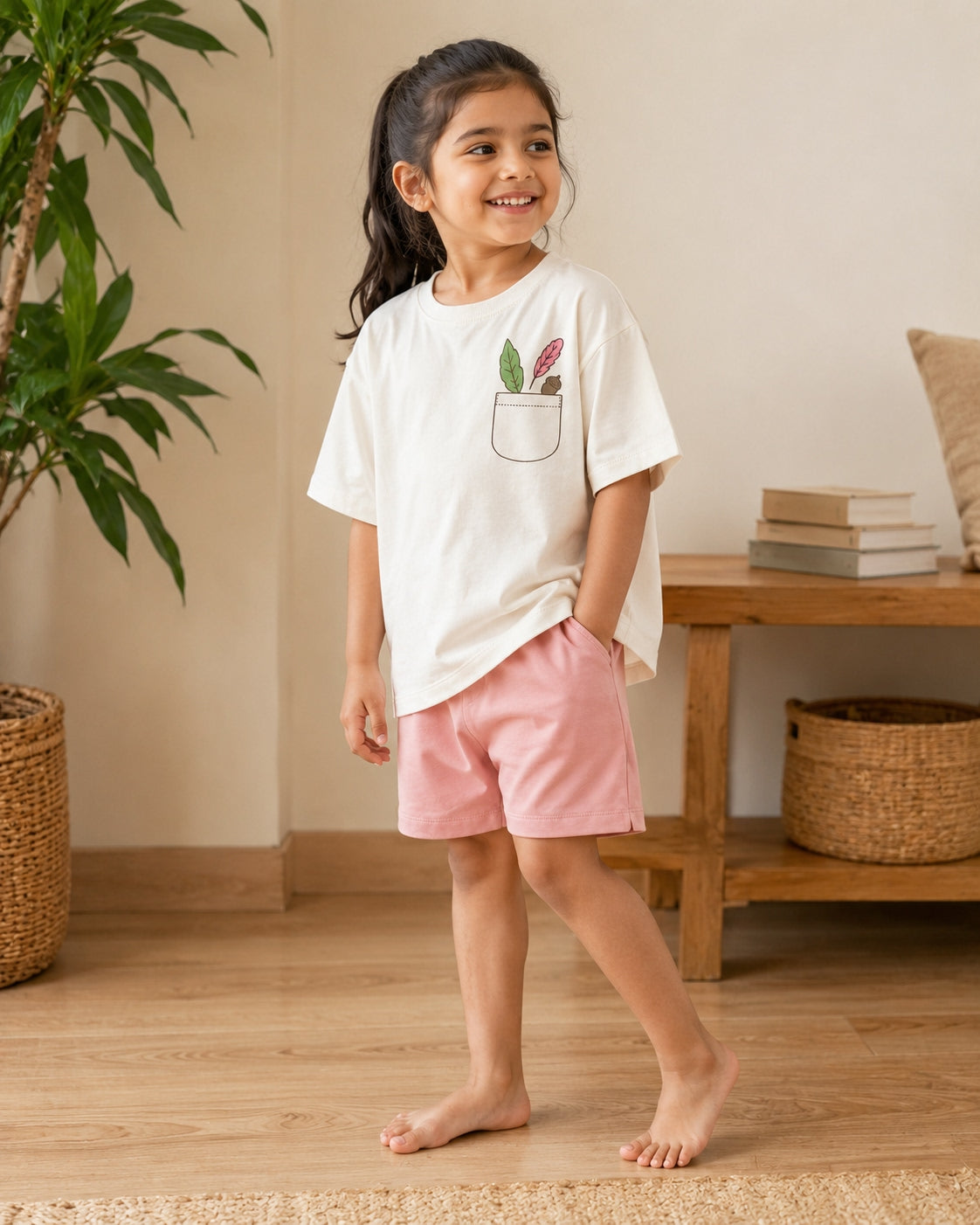 Cream Pocket Discovery kids coord set with peach shorts, full outfit front view