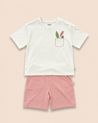 Cream Pocket Discovery kids coord set with peach shorts, laid flat front view