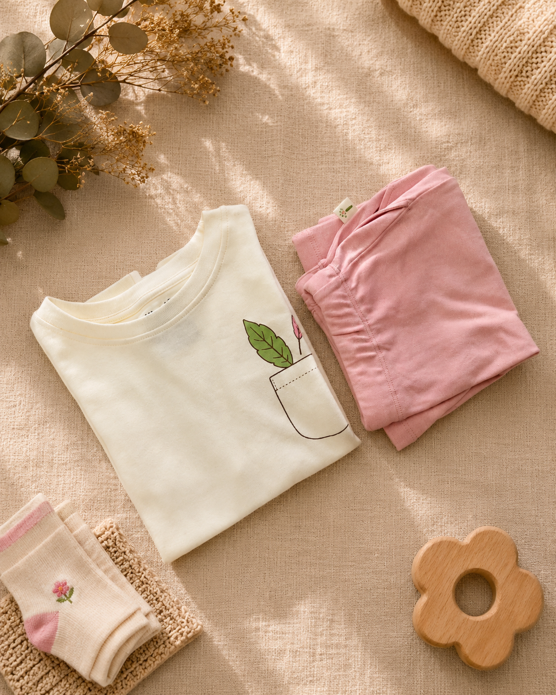 Cream Pocket Discovery kids coord set with peach shorts, folded flat lay showing fabric detail