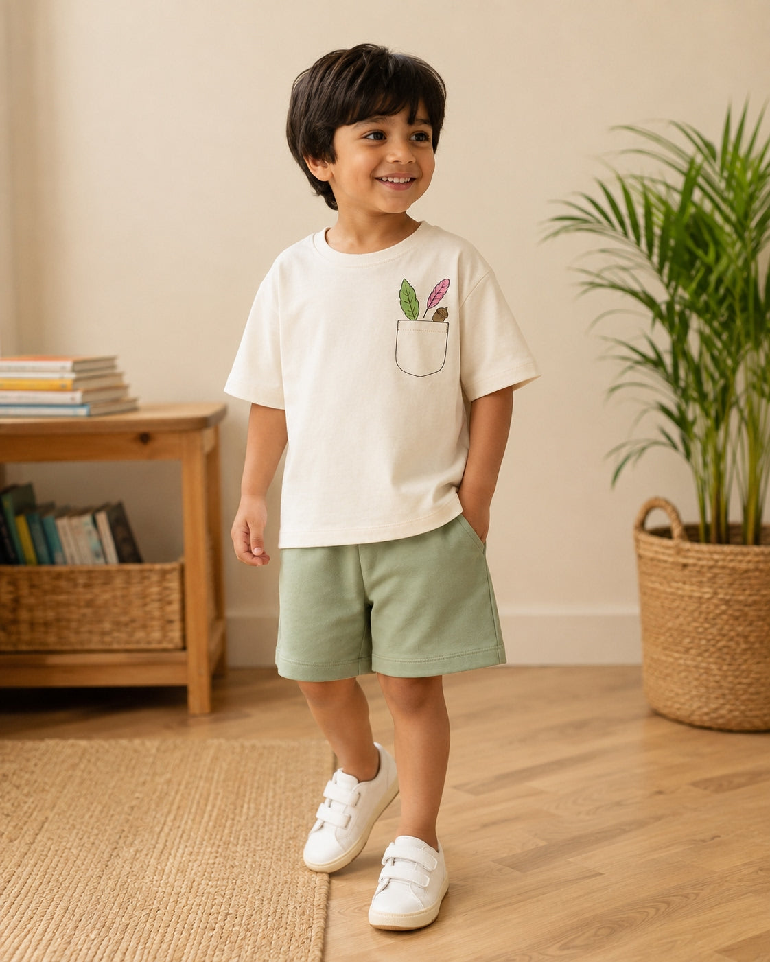 Cream Pocket Discovery kids coord set with sage green shorts, full outfit front view