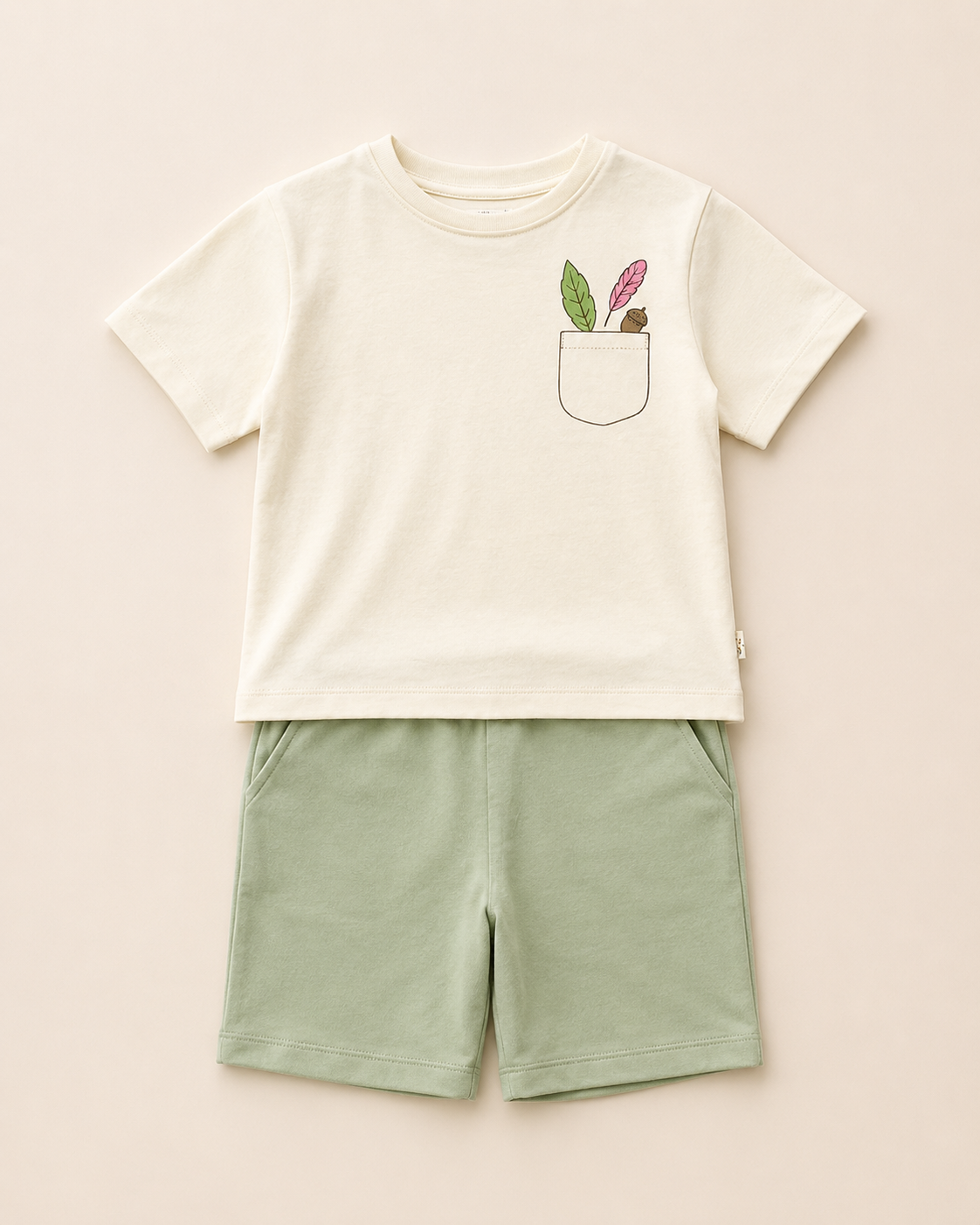 Cream Pocket Discovery kids coord set with sage green shorts, laid flat front view