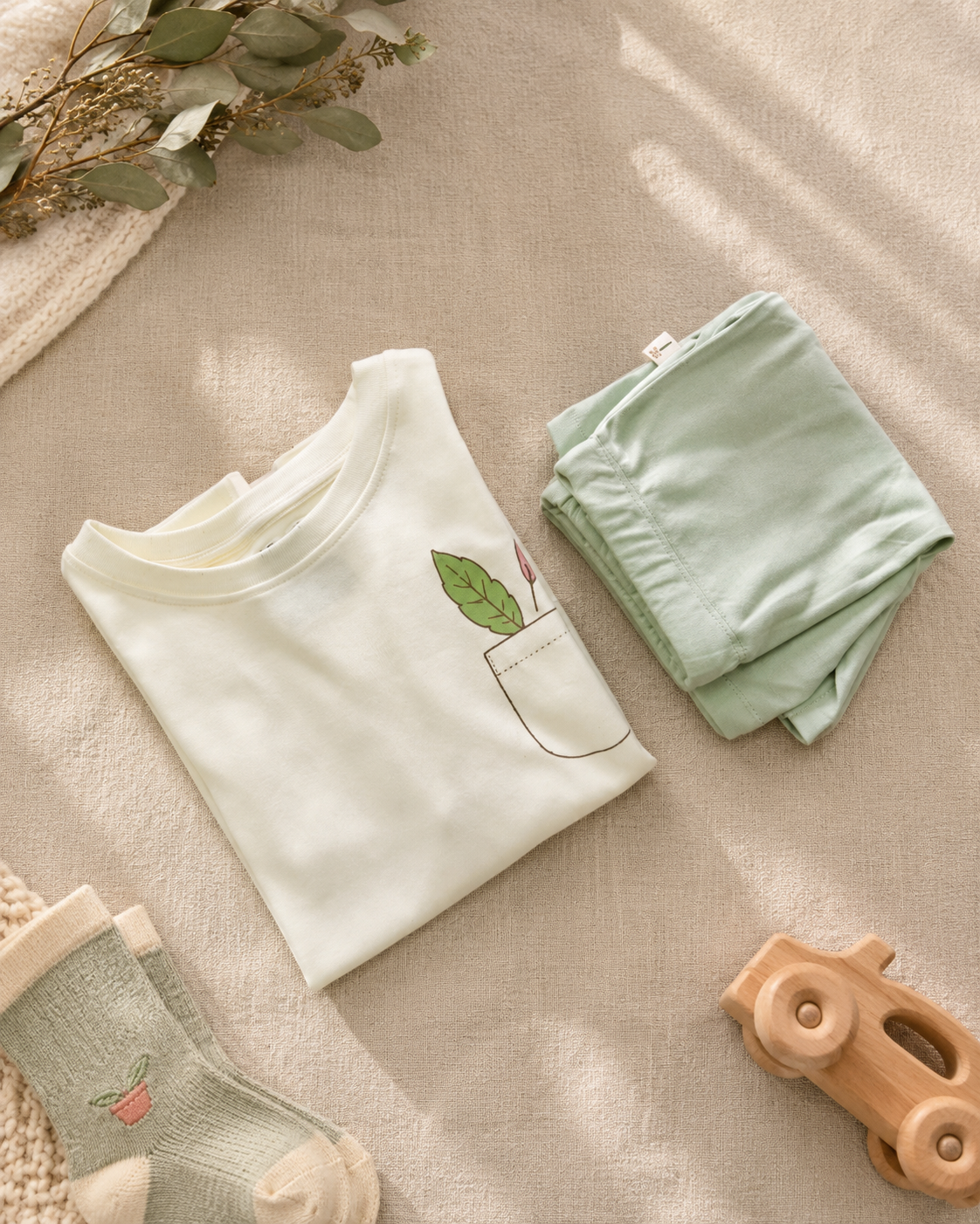 Cream Pocket Discovery kids coord set with sage green shorts, folded flat lay showing fabric detail