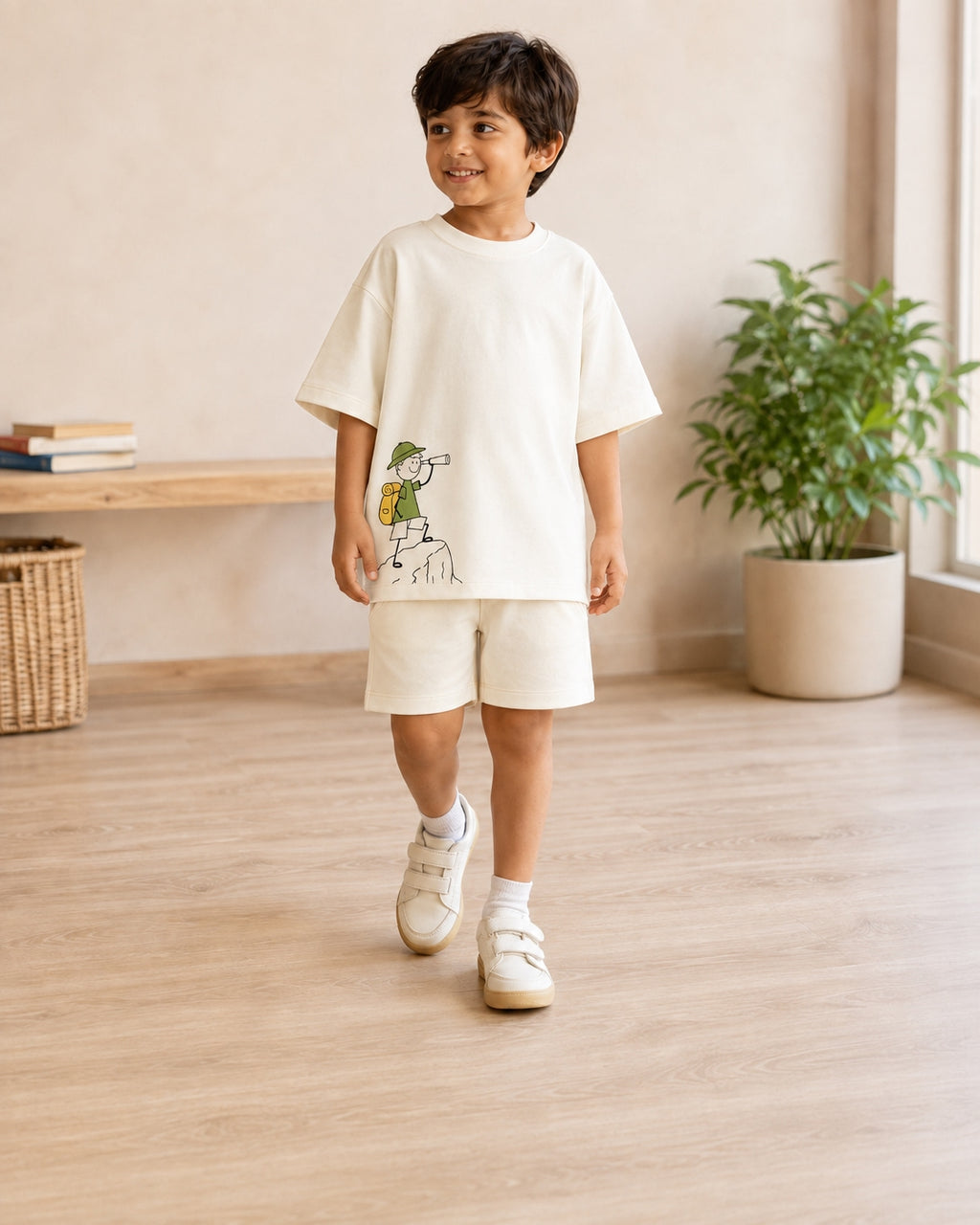Cream Little Explorer Kids Coord Set with Cream Shorts
