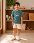 Little Explorer Binoculars aqua green kids graphic t-shirt, front view