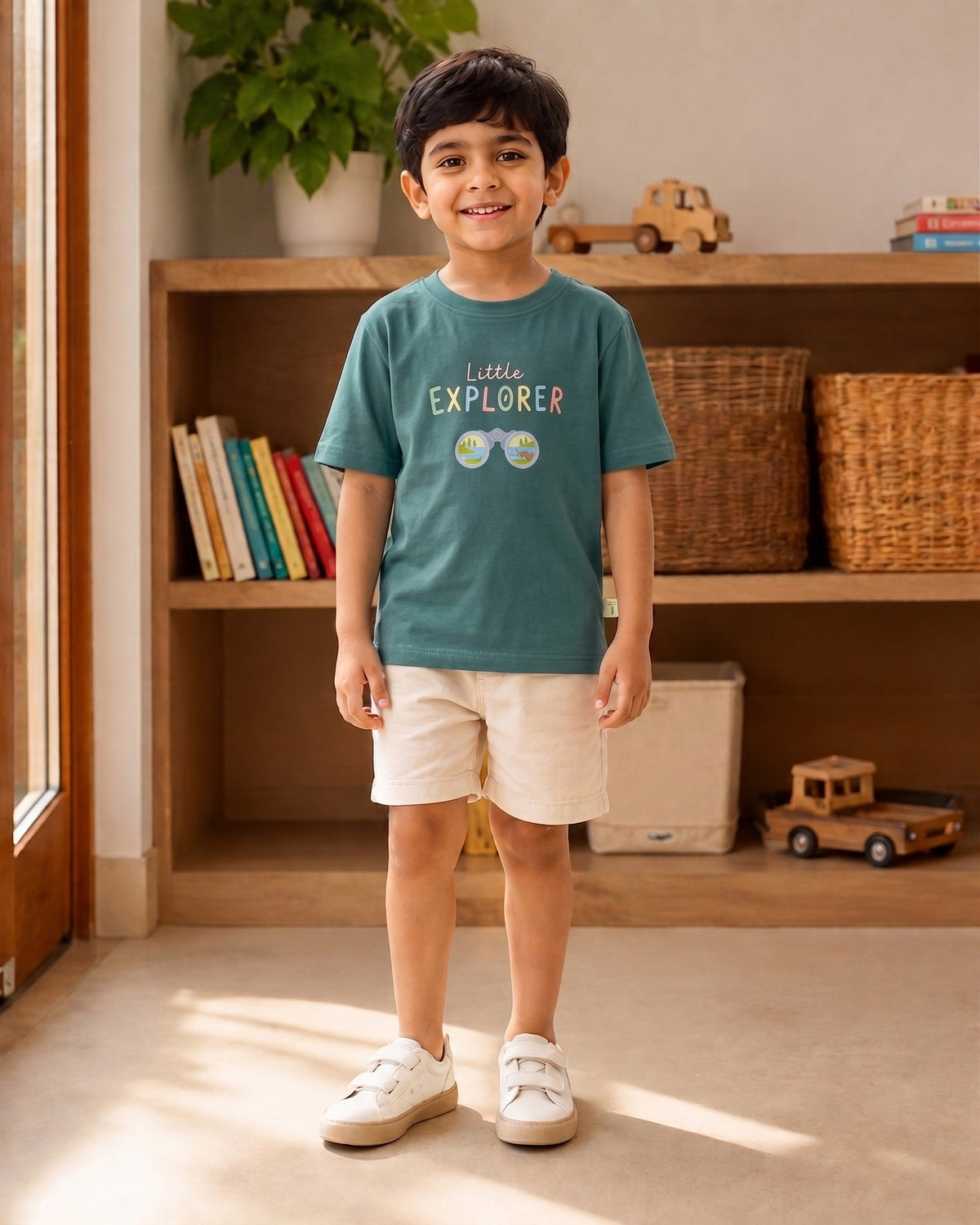 Little Explorer Binoculars aqua green kids graphic t-shirt, front view