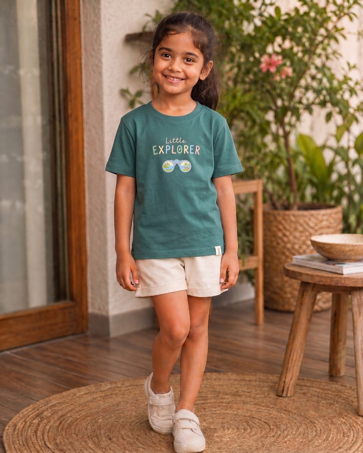 Little Explorer Binoculars aqua green kids graphic t-shirt, alternate front view