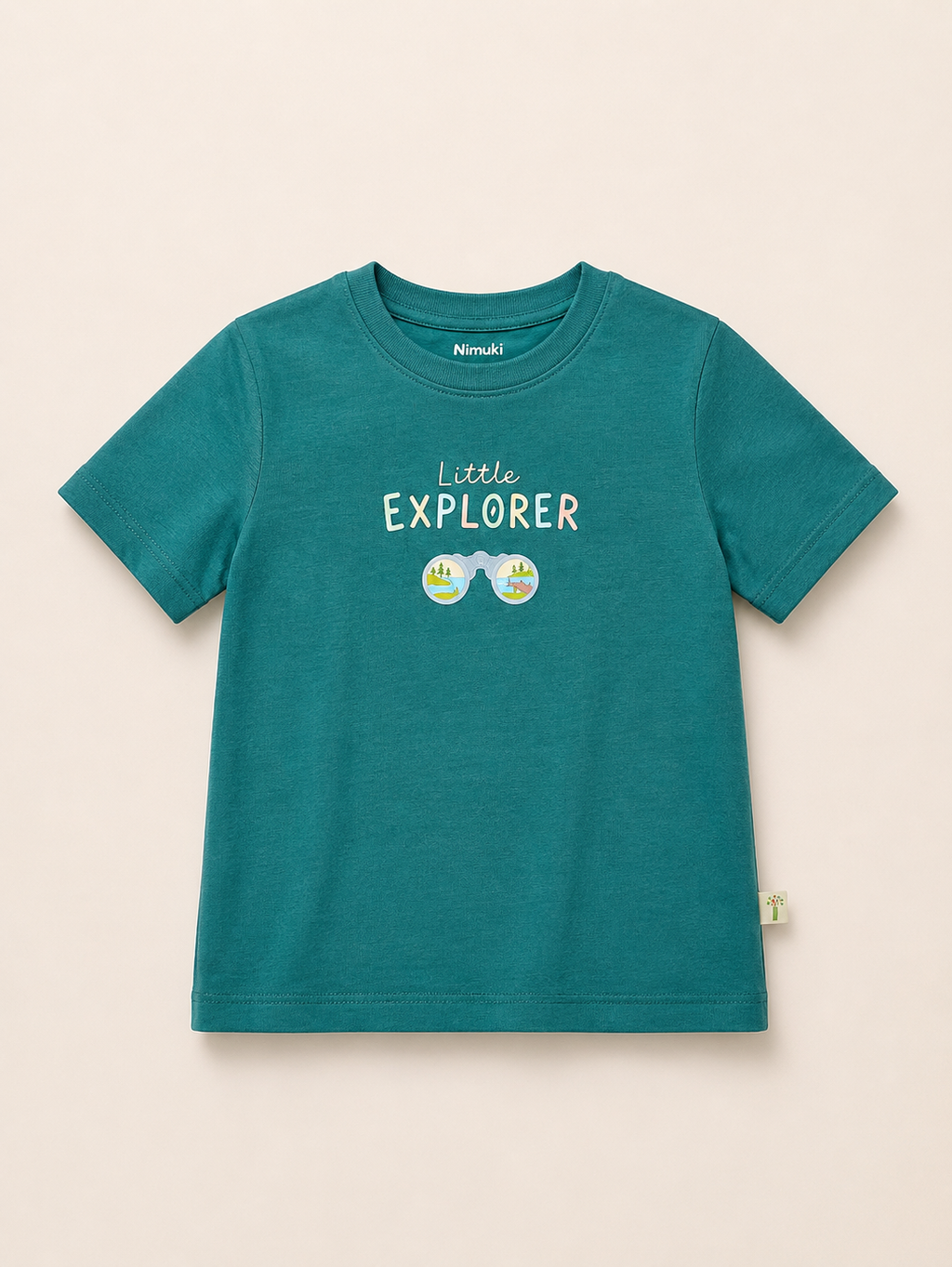 Little Explorer Binoculars aqua green kids graphic t-shirt, print detail