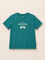 Little Explorer Binoculars aqua green kids graphic t-shirt, print detail