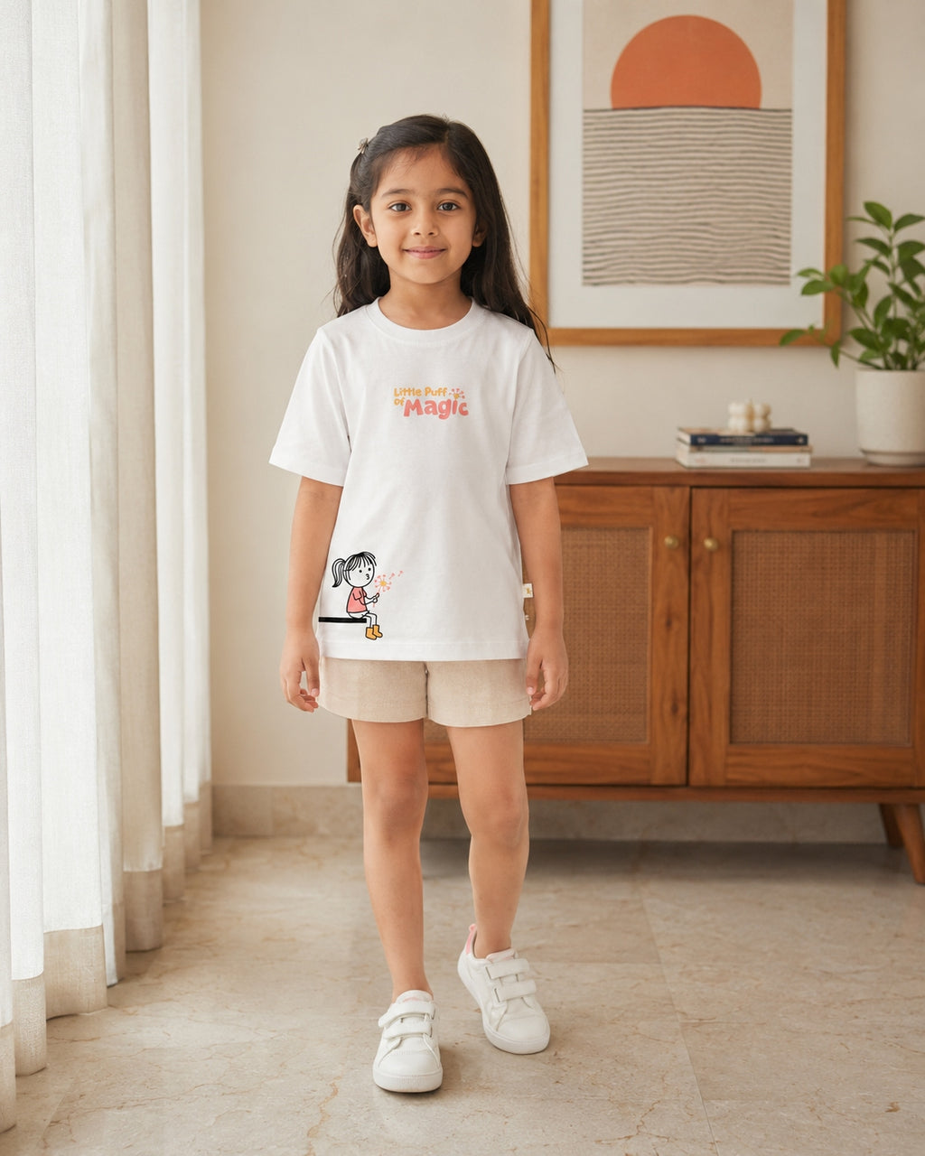 Little Puff of Magic white kids graphic t-shirt, front view