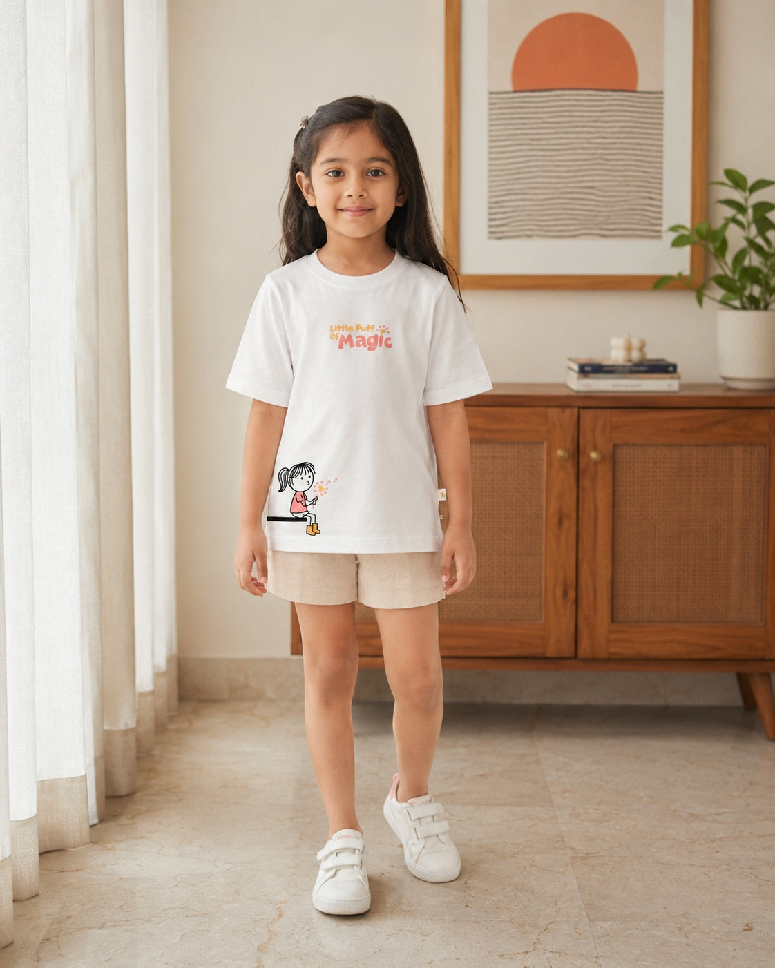 Little Puff of Magic white kids graphic t-shirt, front view