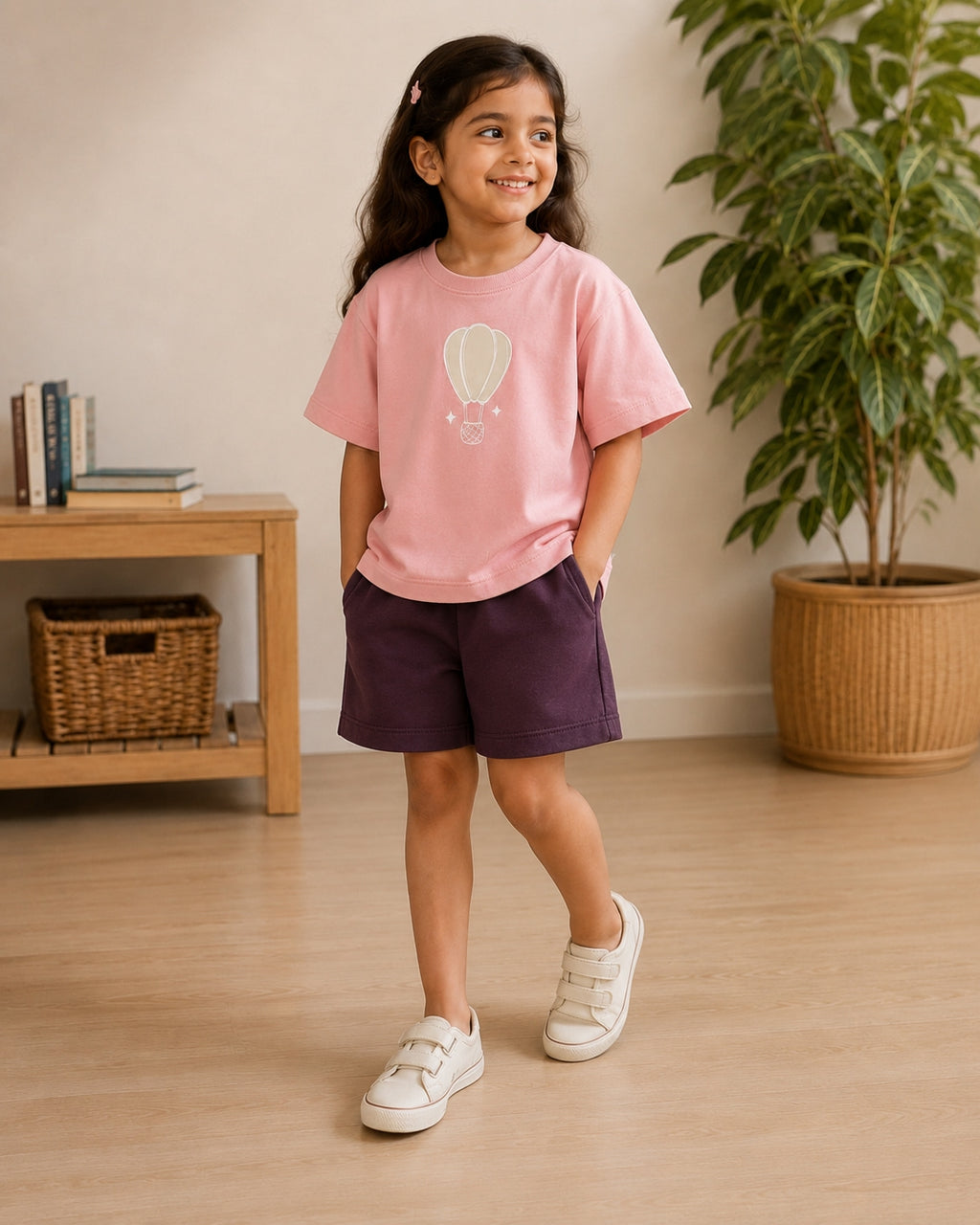 Peach Hot Air Balloon kids coord set with coffee brown shorts, full outfit front view