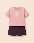 Peach Hot Air Balloon kids coord set with coffee brown shorts, laid flat front view