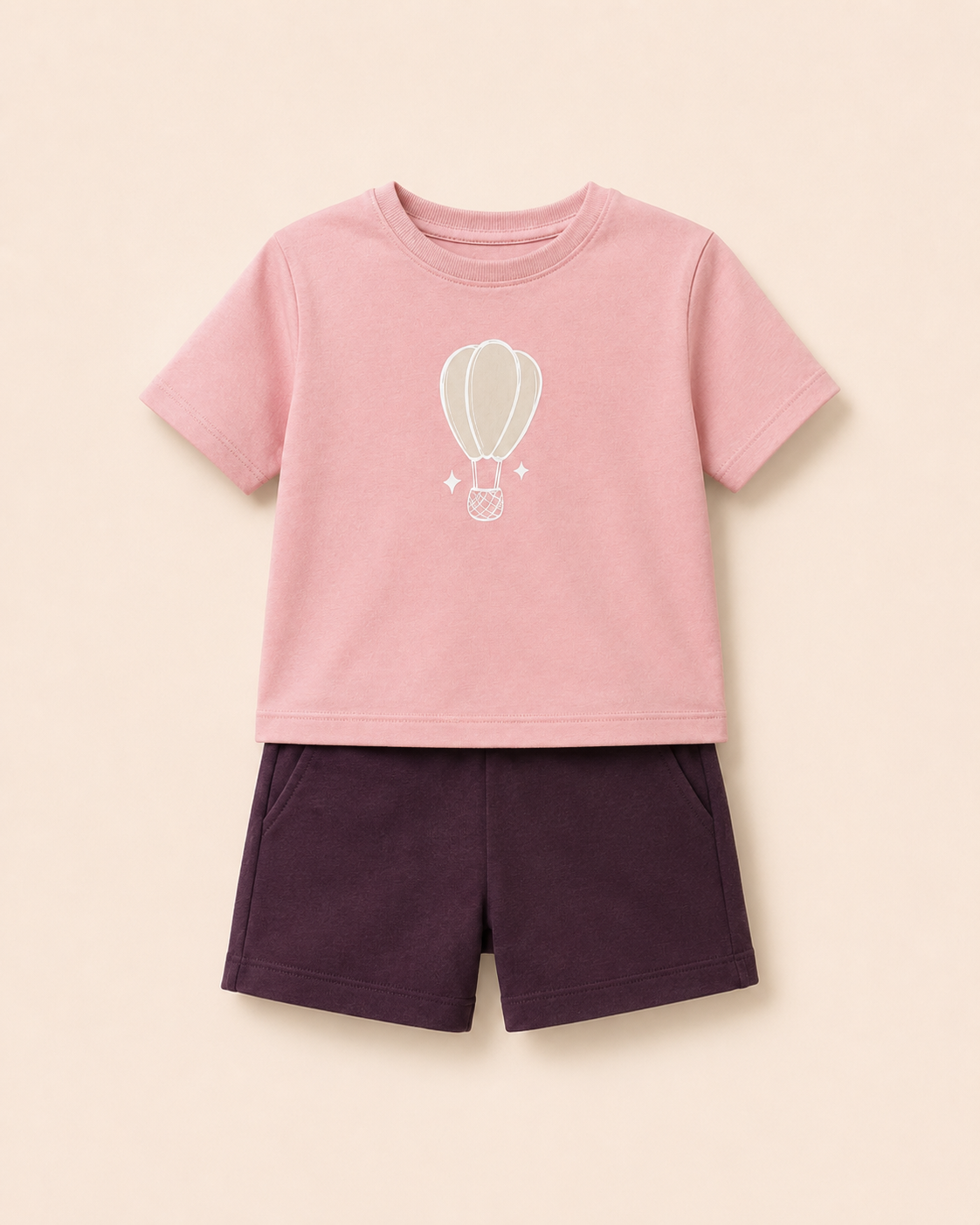 Peach Hot Air Balloon kids coord set with coffee brown shorts, laid flat front view