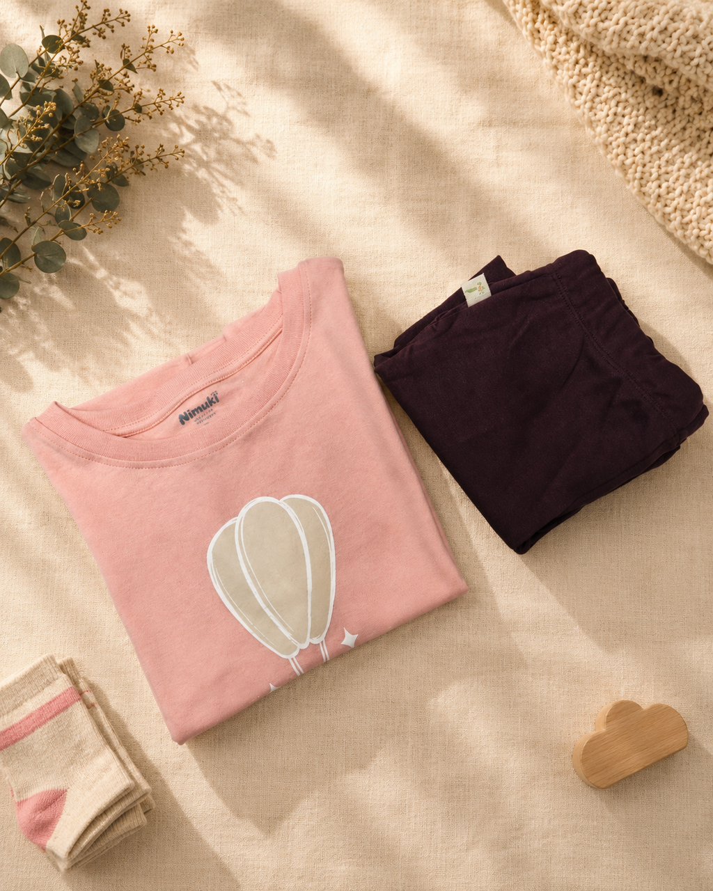 Peach Hot Air Balloon kids coord set with coffee brown shorts, folded flat lay showing fabric detail