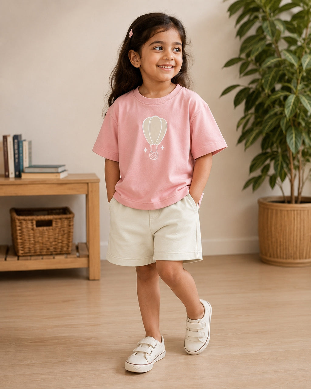 Peach Hot Air Balloon kids coord set with cream shorts, full outfit front view