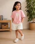 Peach Hot Air Balloon kids coord set with cream shorts, full outfit front view