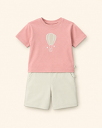 Peach Hot Air Balloon kids coord set with cream shorts, laid flat front view